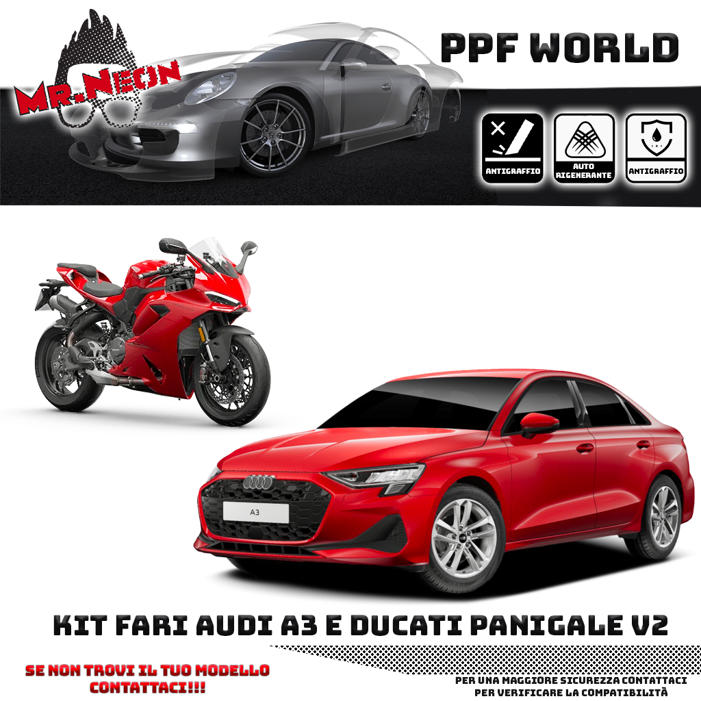 Kit Pellicola Protettiva Fari Fotocromatica Audi A3 (2024) + Ducati Panigale V2 (2025) – PPF Trasparente → Nero Pretagliato