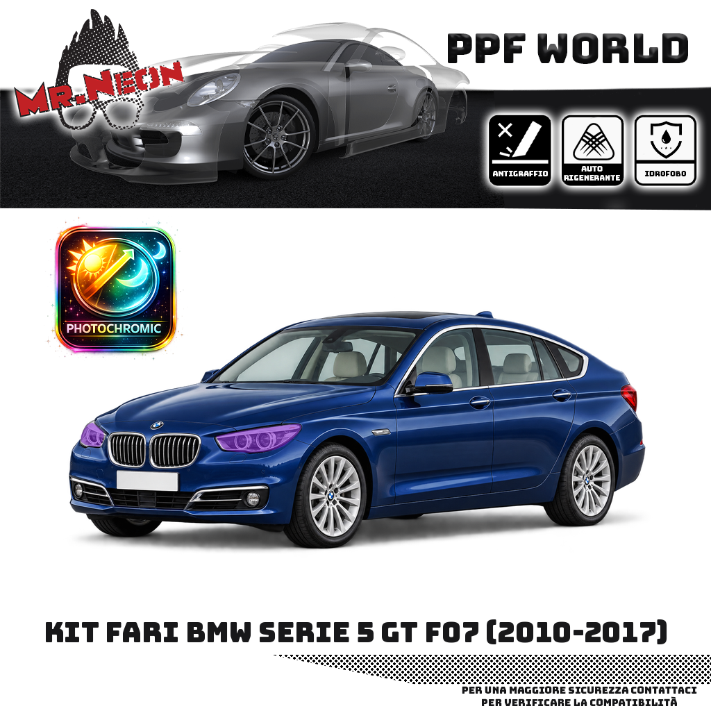 BMW Serie 5 Gran Turismo F07 2010–2017 blu — kit PPF fari anteriori, fotocromatico viola