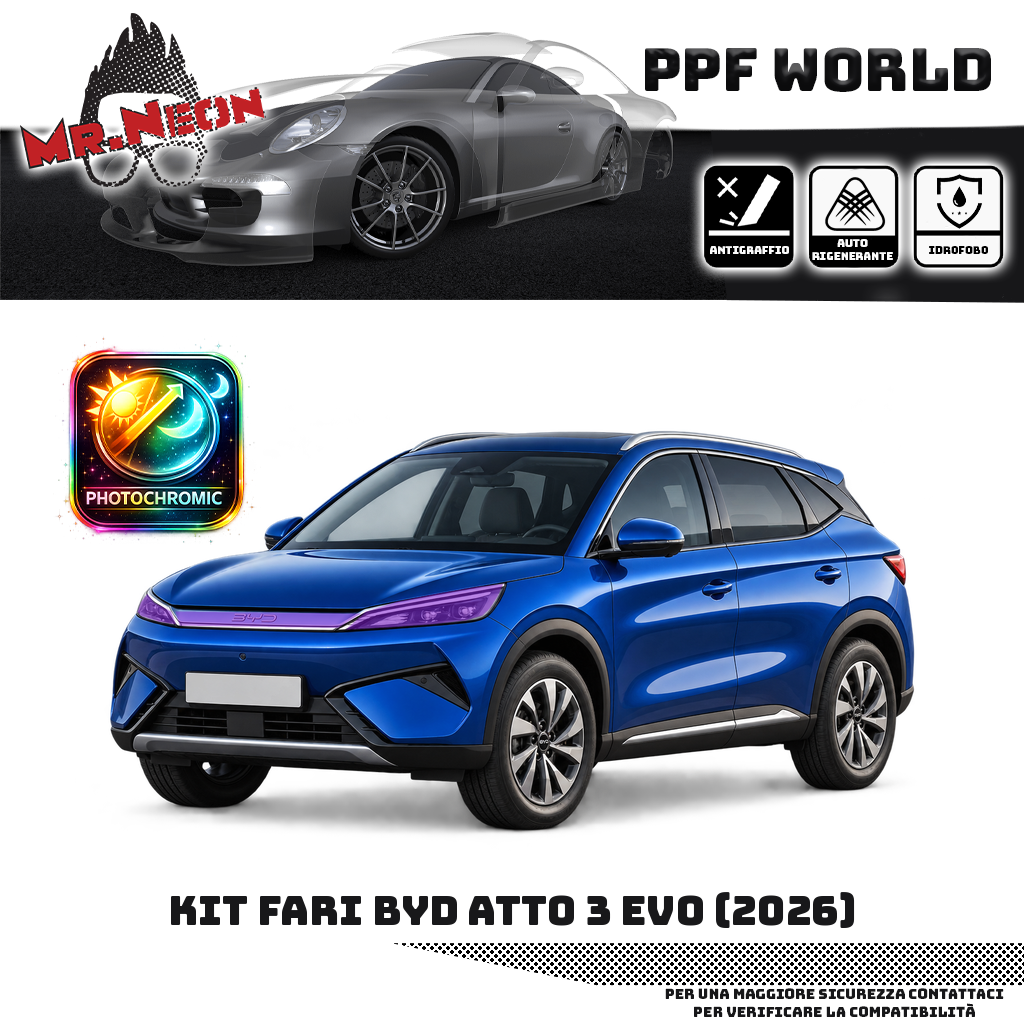 Kit PPF fari BYD Atto 3 EVO 2026, faro destro, faro sinistro e fascia frontale centrale – fotocromatico viola, auto blu