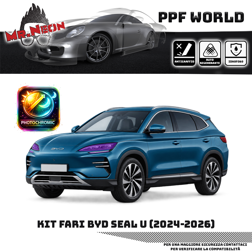 Kit PPF fari BYD Seal U 2024–2026, faro destro e faro sinistro – fotocromatico viola, auto blu petrolio