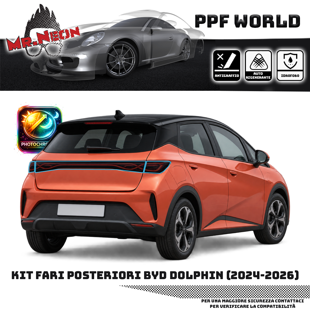 Kit PPF fari posteriori BYD Dolphin 2024-2026 — Fotocromatico trasparente → nero, contorno celeste indicativo