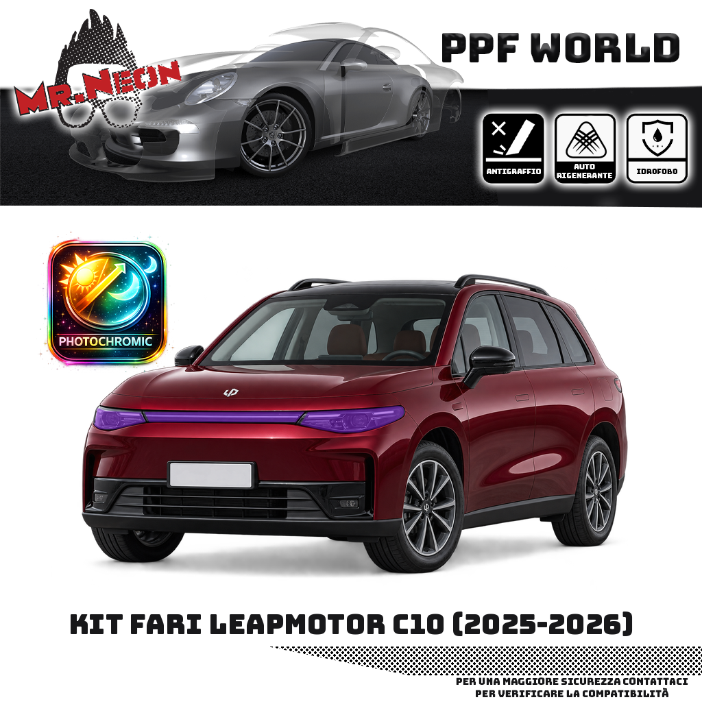 Kit PPF fari Leapmotor C10 2025–2026, faro destro, faro sinistro e fascia centrale – fotocromatico viola, auto bordeaux