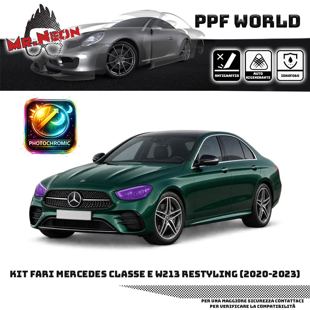 Mercedes Classe E W213 Restyling Berlina 2020–2023 verde — kit PPF fari anteriori, fotocromatico viola
