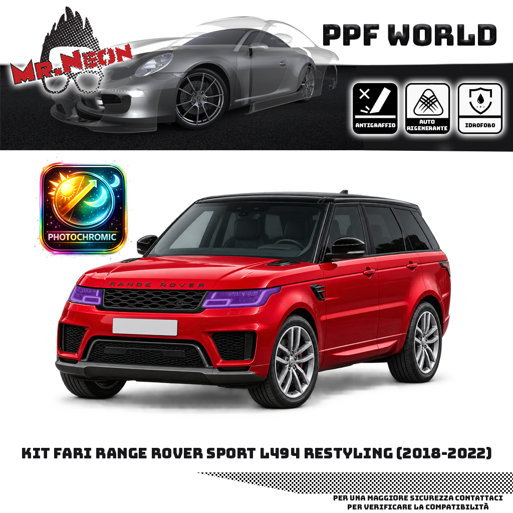Range Rover Sport L494 Restyling 2018–2022 rosso — kit PPF fari anteriori, fotocromatico viola