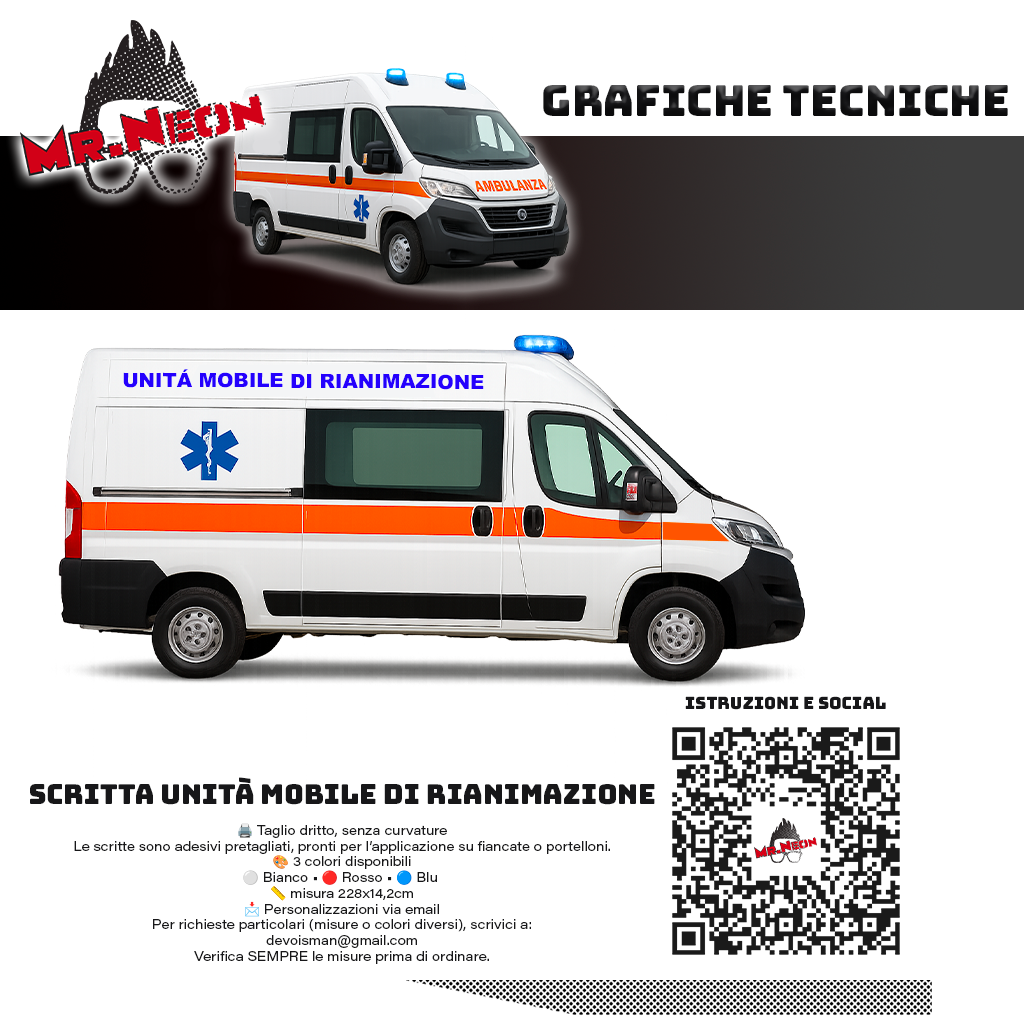 Scritta UNITÀ MOBILE DI RIANIMAZIONE per Ambulanze e Mezzi di Soccorso – 228 × 14,2 cm – Oracal 651