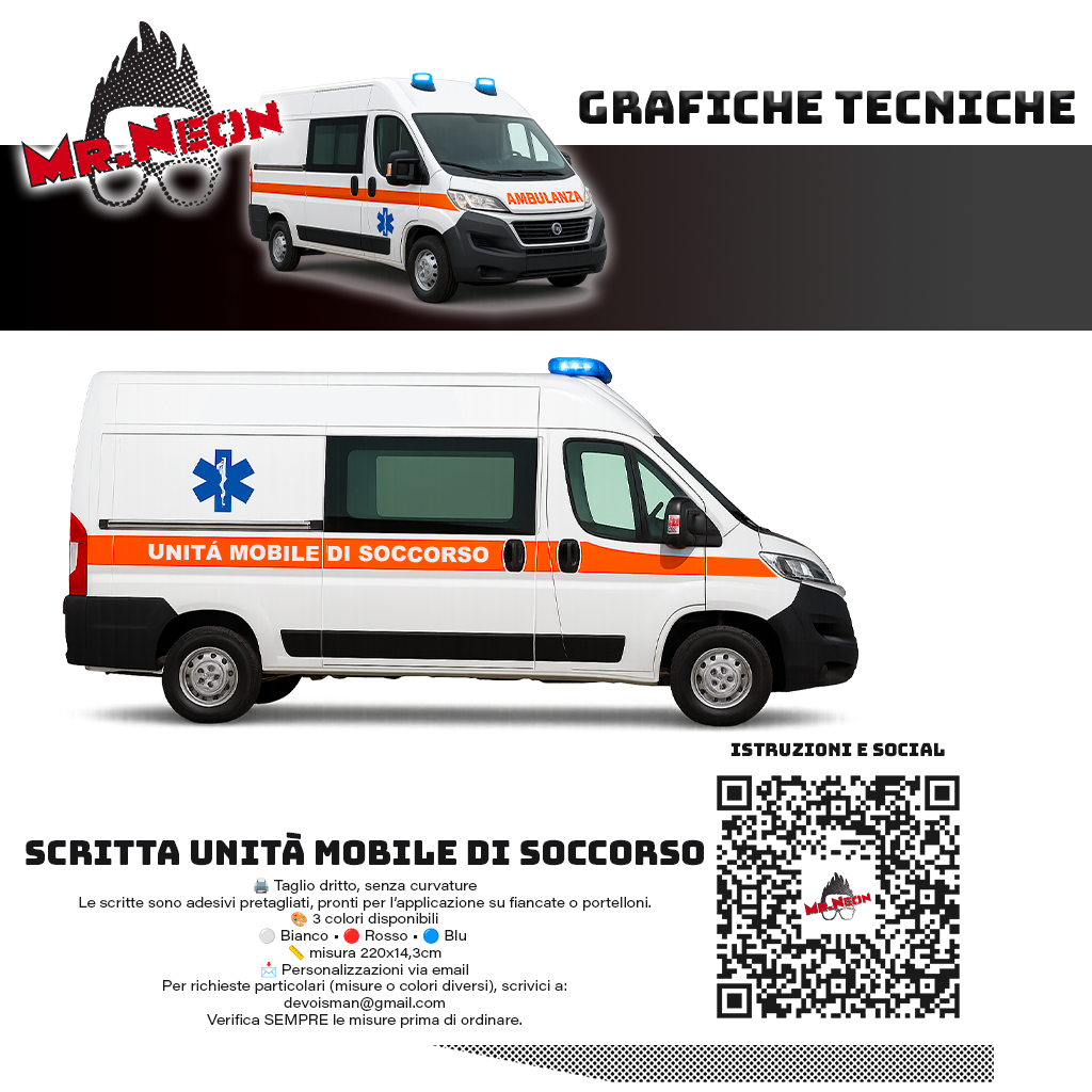 Scritta UNITÀ MOBILE DI SOCCORSO per Ambulanze e Mezzi di Soccorso – 220 × 14,3 cm – Oracal 651