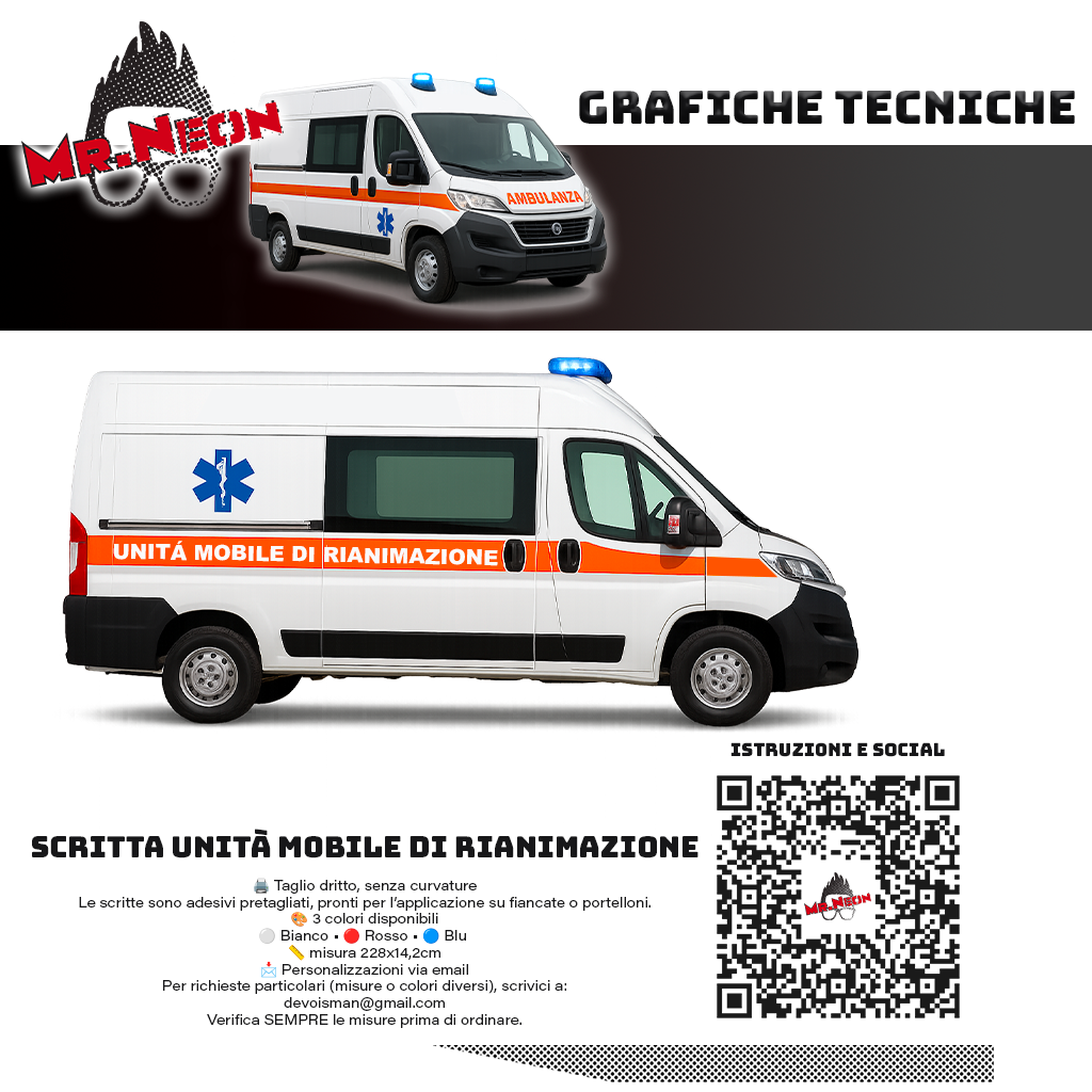 Scritta UNITÀ MOBILE DI RIANIMAZIONE per Ambulanze e Mezzi di Soccorso – 228 × 14,2 cm – Oracal 651