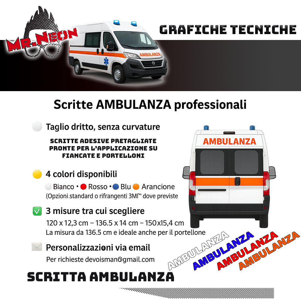 Scritte AMBULANZA per Fiancate e Portellone – Standard / Rifrangente – 3 Formati