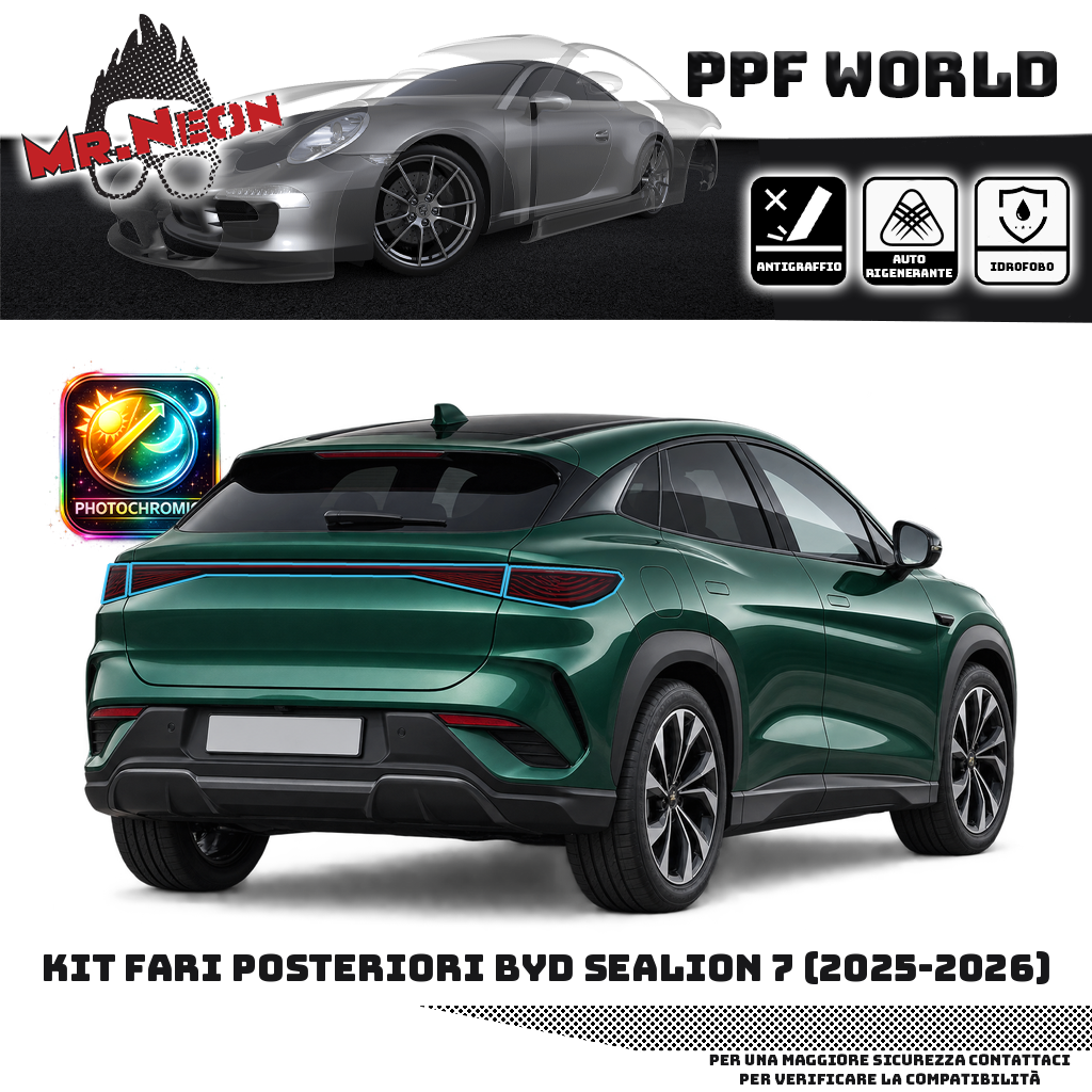Kit PPF fari posteriori BYD Sealion 7 2025-2026 — Fotocromatico trasparente → nero, contorno celeste indicativo