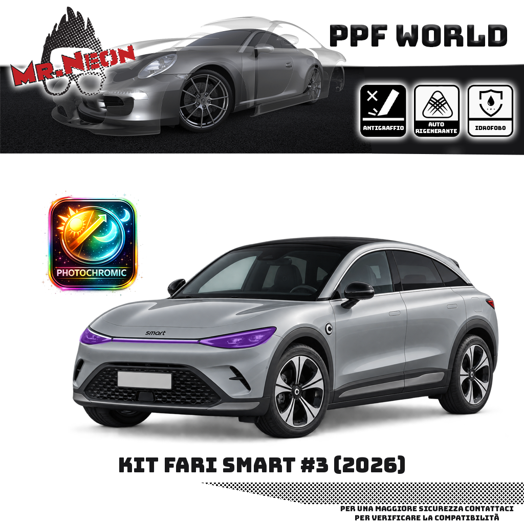 Kit fari smart #3 2024–2025 — PPF fotocromatico viola — due fari anteriori e fascia centrale