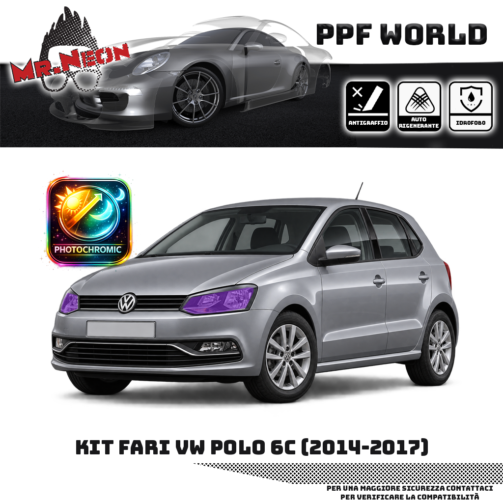 Kit PPF fari anteriori VW Polo 6C 2014–2017 — fotocromatico viola