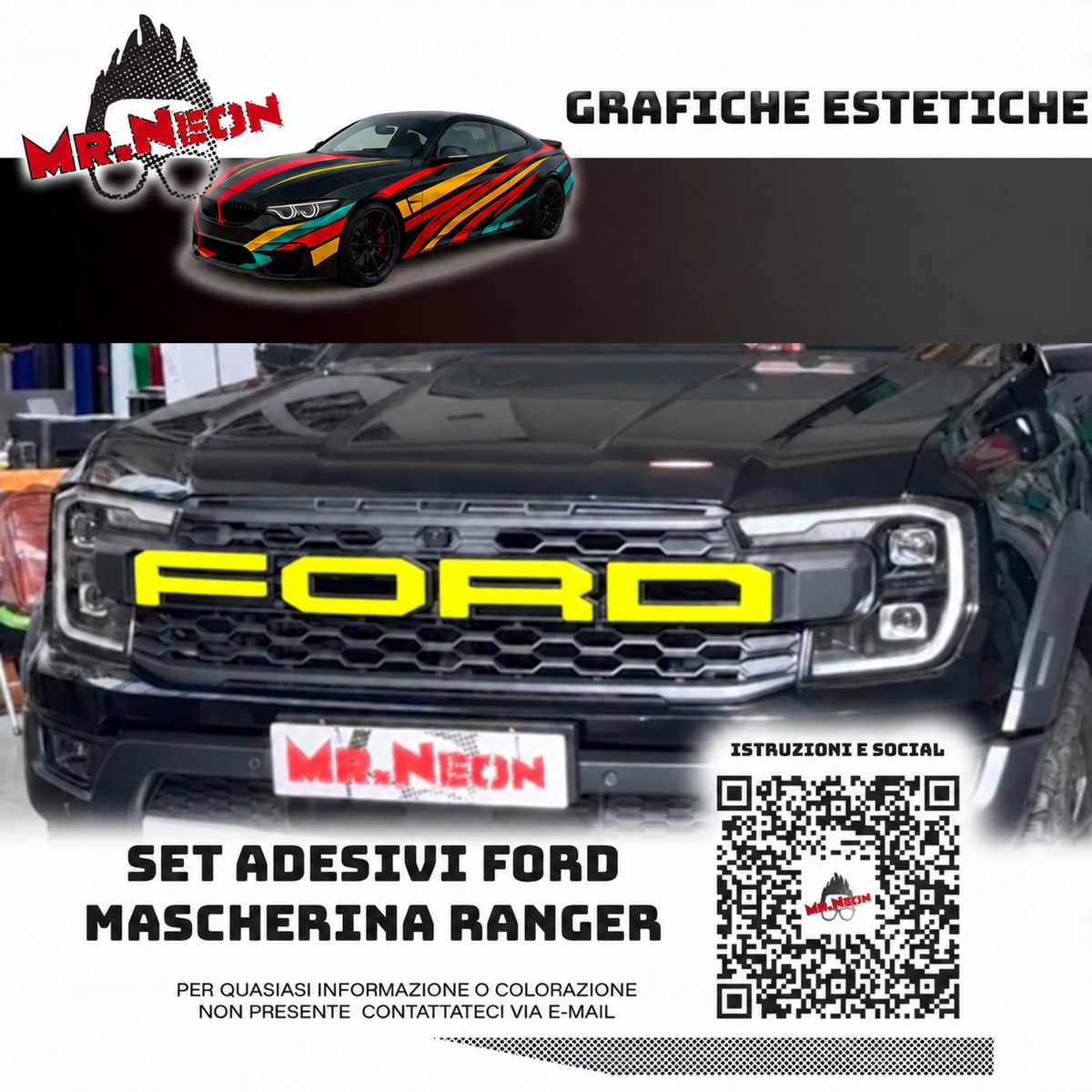 Adesivo FORD per Mascherina Ford Ranger 2023-2026 – Rosso, Verde, Fuxia, Giallo Fluo o Multicolor