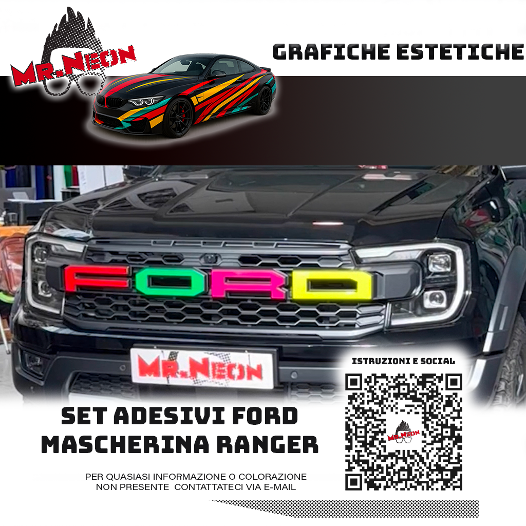 Adesivo FORD per Mascherina Ford Ranger 2023-2026 – Rosso, Verde, Fuxia, Giallo Fluo o Multicolor