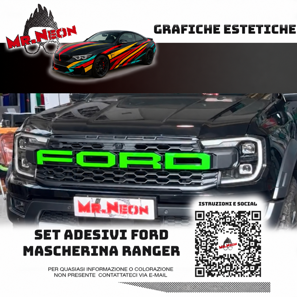 Adesivo FORD per Mascherina Ford Ranger 2023-2026 – Rosso, Verde, Fuxia, Giallo Fluo o Multicolor