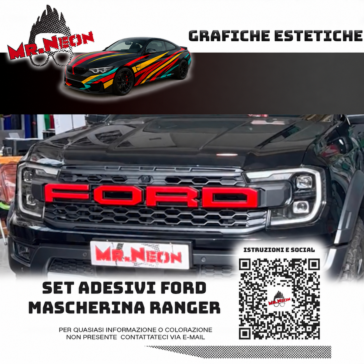Adesivo FORD per Mascherina Ford Ranger 2023-2026 – Rosso, Verde, Fuxia, Giallo Fluo o Multicolor
