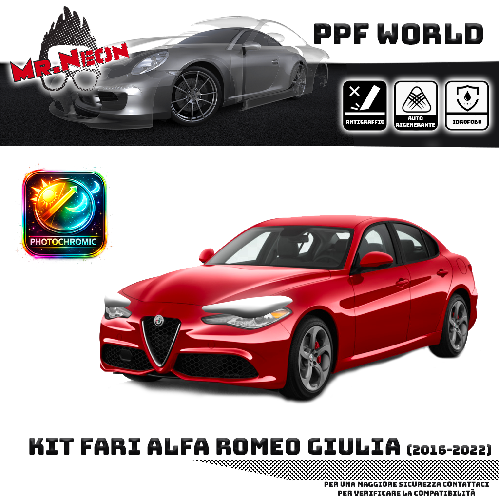 Kit Pellicola Protettiva Fari Alfa Romeo Giulia (2016–2022) – PPF Trasparente o Fotocromatico Pretagliato