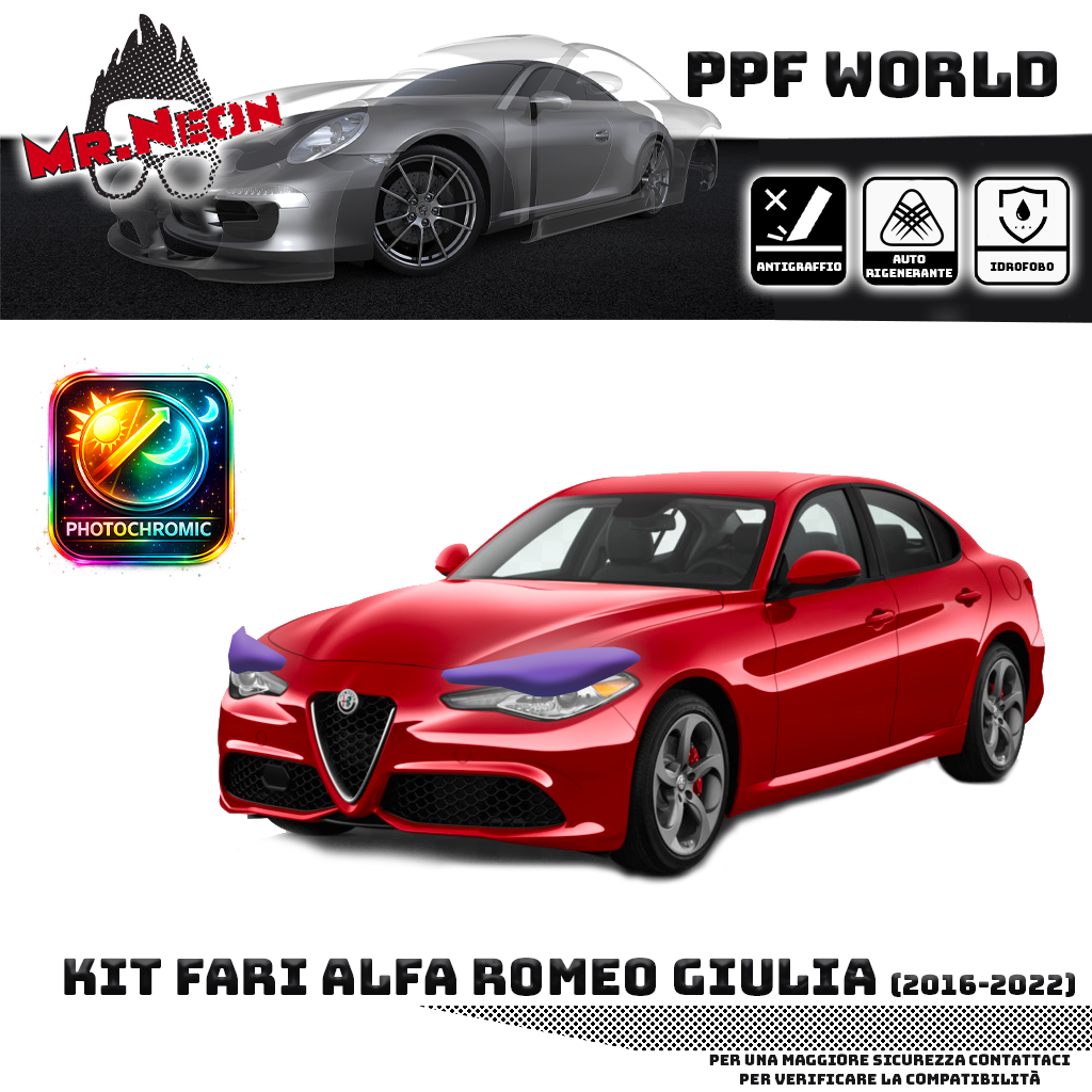 Kit Pellicola Protettiva Fari Alfa Romeo Giulia (2016–2022) – PPF Trasparente o Fotocromatico Pretagliato