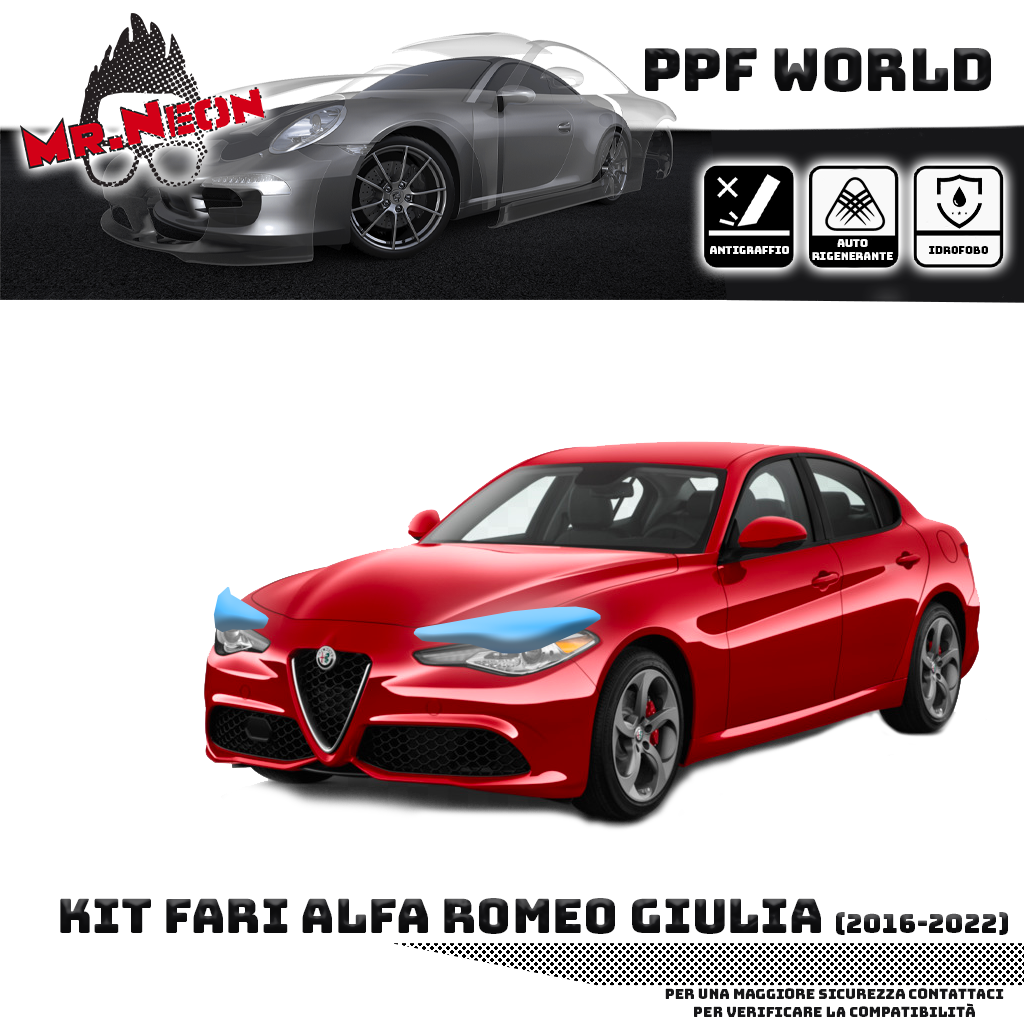 Kit Pellicola Protettiva Fari Alfa Romeo Giulia (2016–2022) – PPF Trasparente o Fotocromatico Pretagliato
