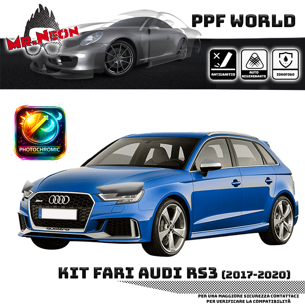 Kit PPF Fotocromatico Fari Anteriori compatibile con Audi RS3 8V (2017–2020) – Pellicola Protettiva Pretagliata