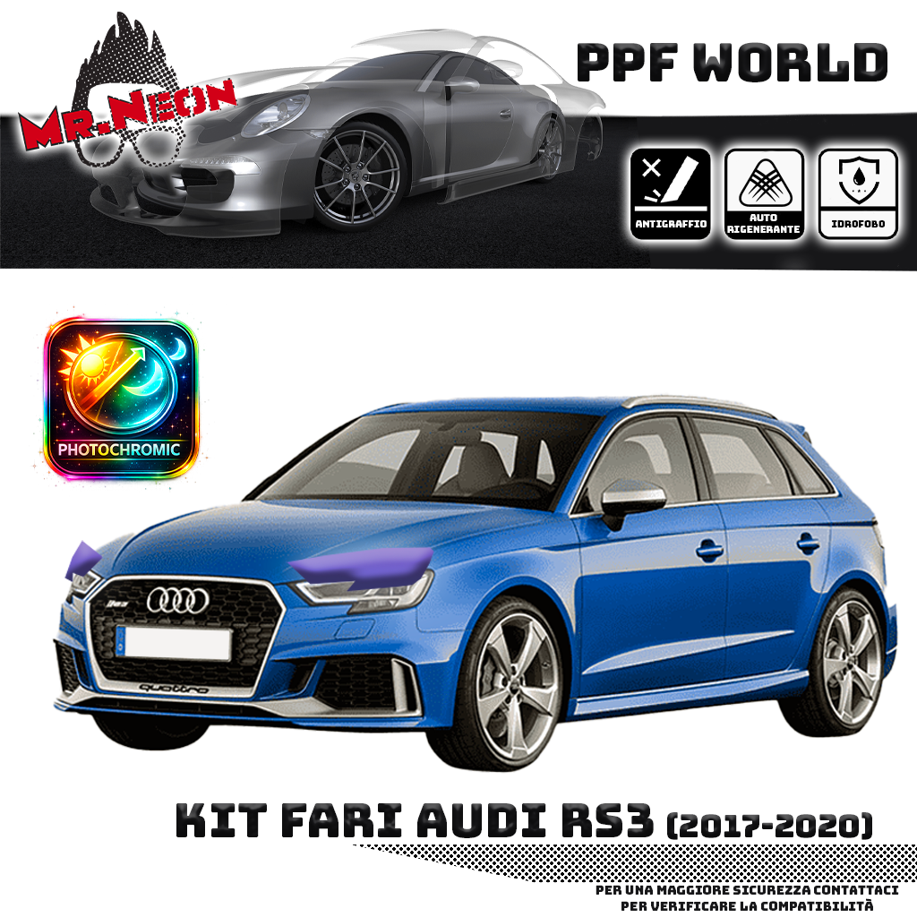 Kit PPF Fotocromatico Fari Anteriori compatibile con Audi RS3 8V (2017–2020) – Pellicola Protettiva Pretagliata