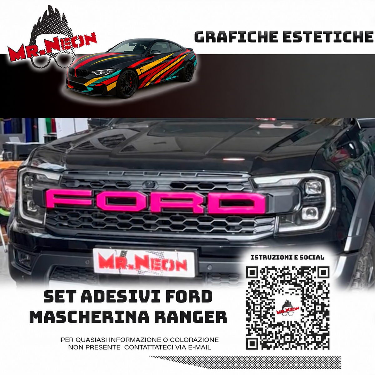 Adesivo FORD per Mascherina Ford Ranger 2023-2026 – Rosso, Verde, Fuxia, Giallo Fluo o Multicolor