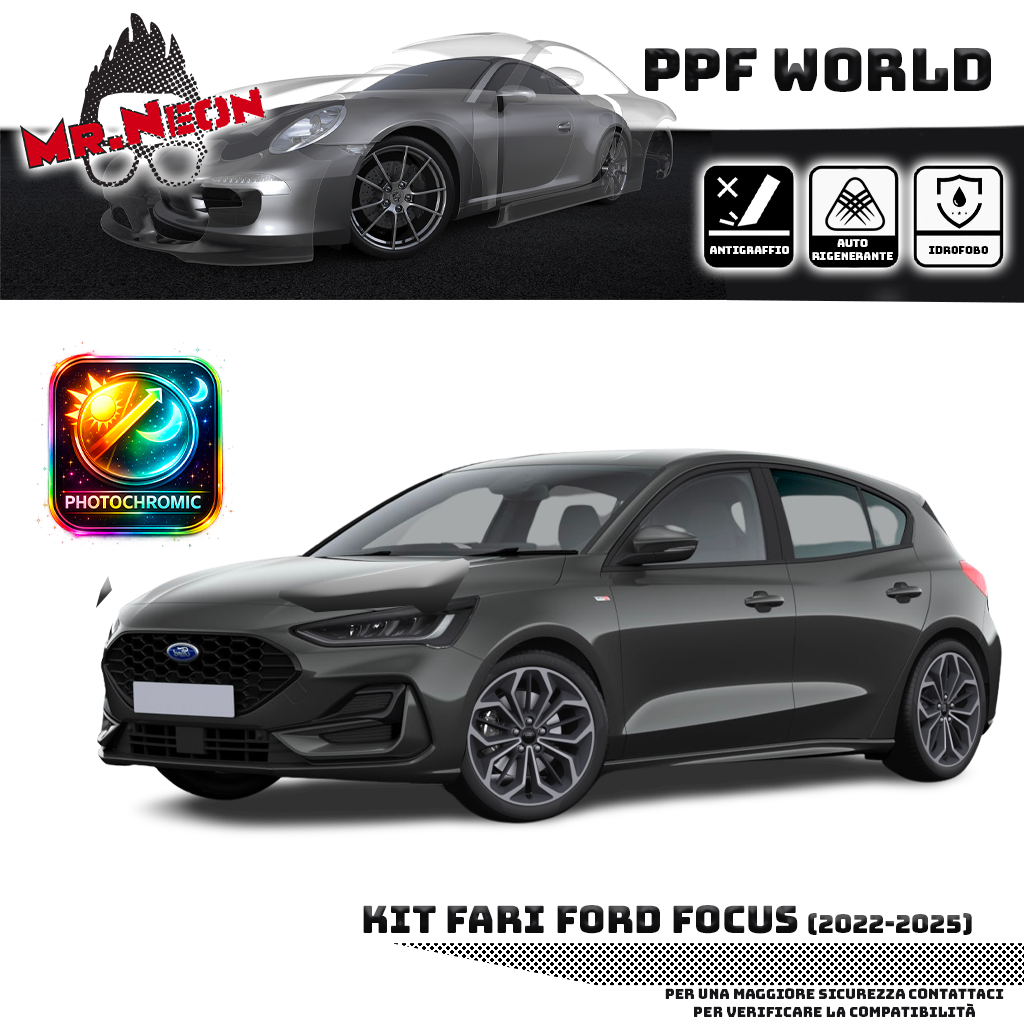 Kit Pellicola Protettiva Fari Ford Focus 2022-2025 – PPF Trasparente o Fotocromatico Pretagliato
