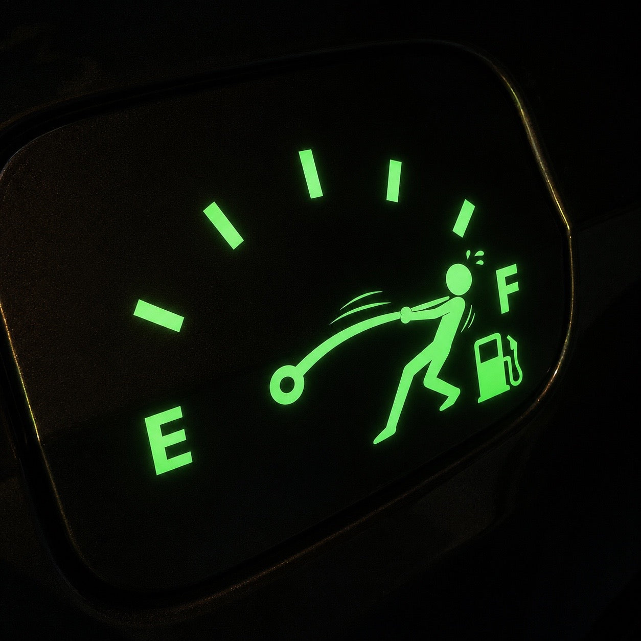 Adesivo Indicatore Carburante con Omino – Sticker Auto 15×11 cm Fosforescente o Nero Lucido
