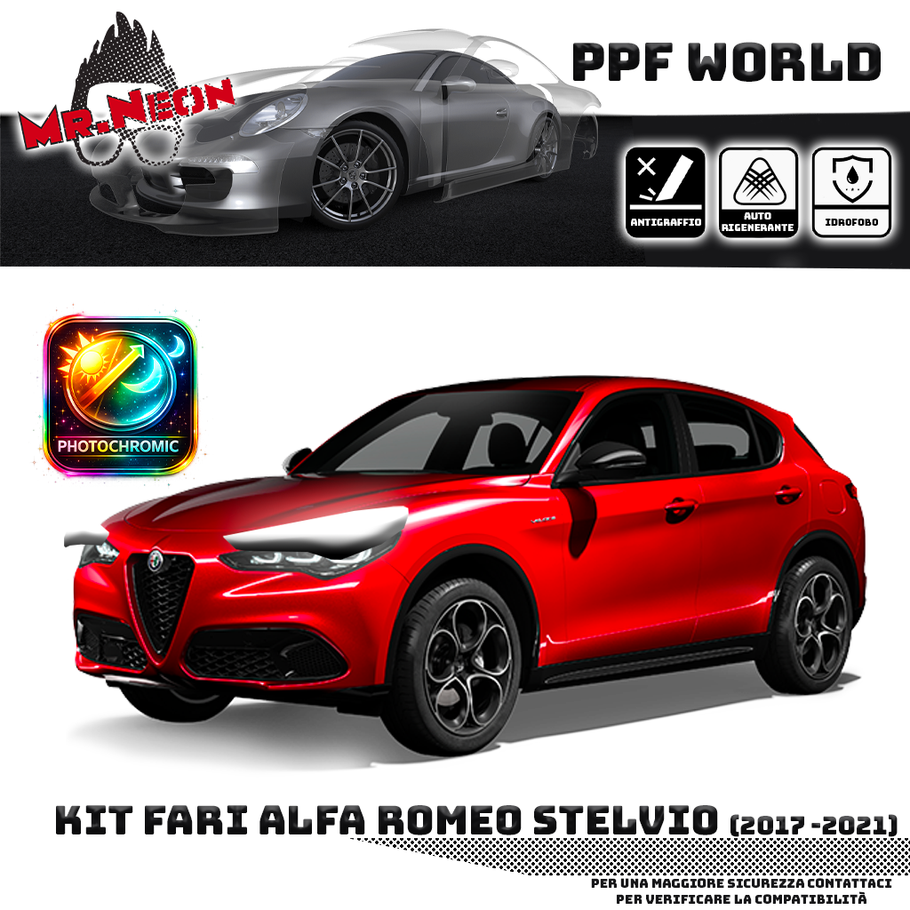 Kit Pellicola Protettiva Fari Alfa Romeo Stelvio (2017–2022) – PPF Trasparente o Fotocromatico Pretagliato