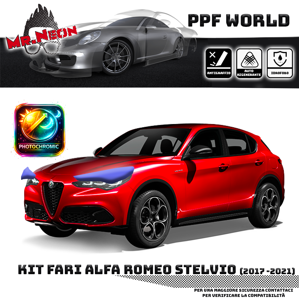 Kit Pellicola Protettiva Fari Alfa Romeo Stelvio (2017–2022) – PPF Trasparente o Fotocromatico Pretagliato