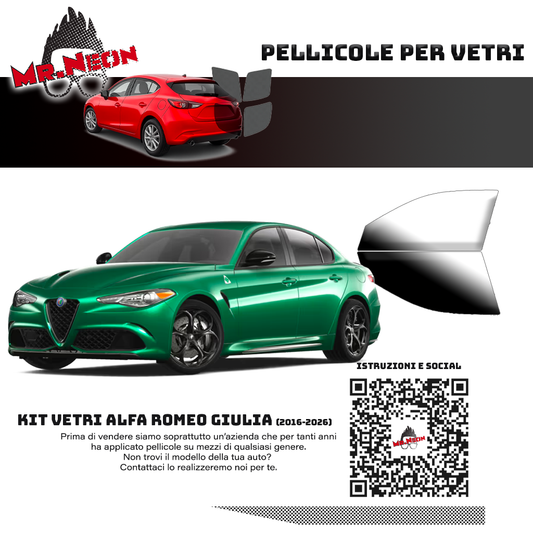 Kit Pellicole Oscuramento Vetri Anteriori Alfa Romeo Giulia 2016-2026 – Pretagliati