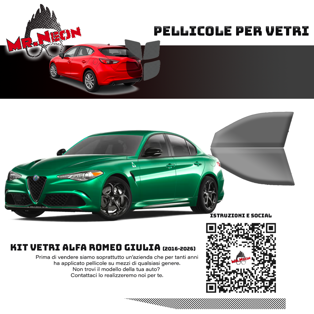 Kit Pellicole Oscuramento Vetri Anteriori Alfa Romeo Giulia 2016-2026 – Pretagliati