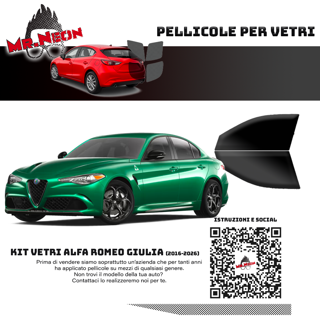 Kit Pellicole Oscuramento Vetri Anteriori Alfa Romeo Giulia 2016-2026 – Pretagliati
