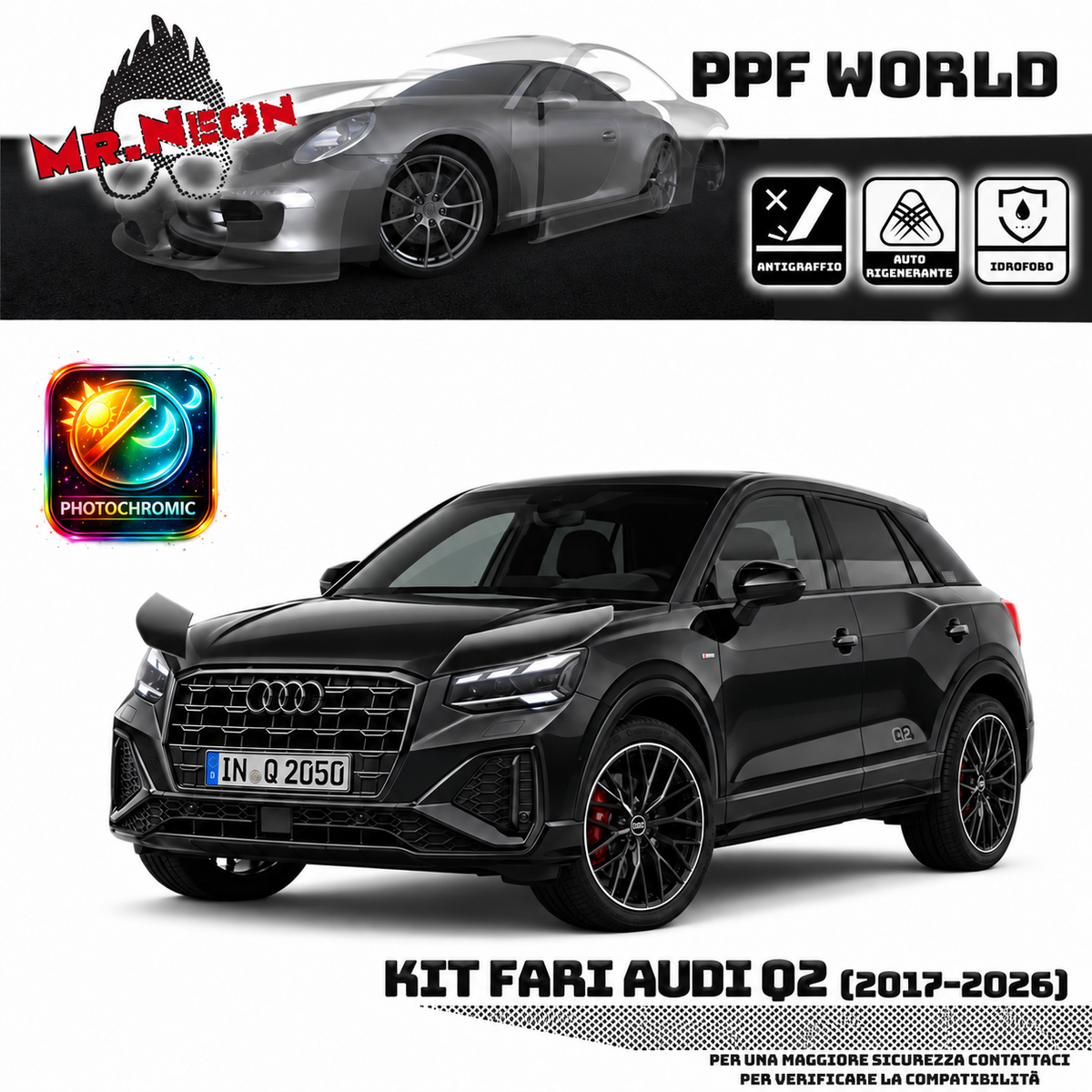 Kit PPF fari Audi Q2 GA 2017–2026 fotocromatico trasparente nero
