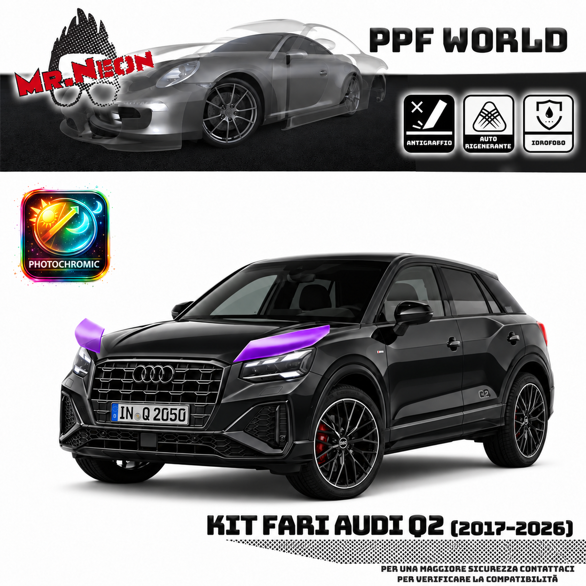 Kit PPF fari Audi Q2 GA 2017–2026 fotocromatico trasparente viola