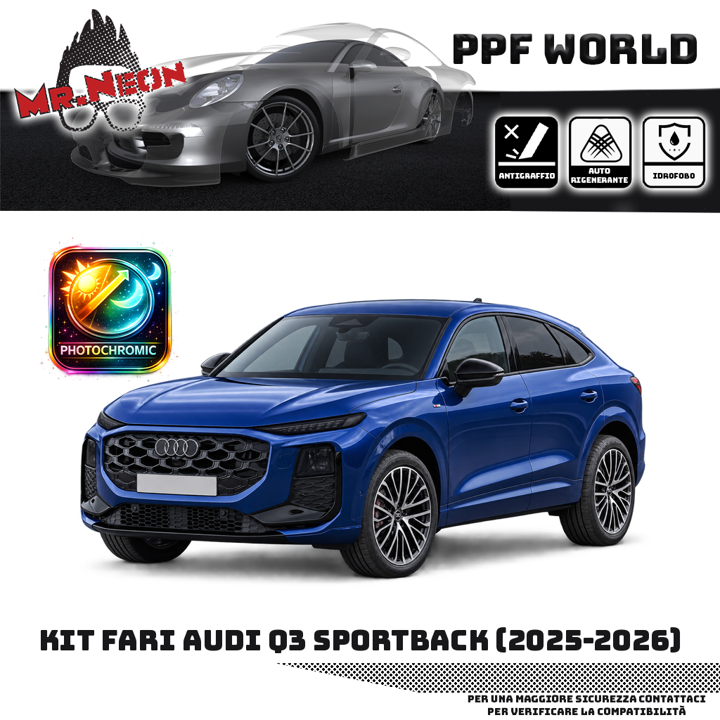 Kit fari anteriori Audi Q3 Sportback nuova generazione 2025–2026 blu — PPF fotocromatico nero/fumé