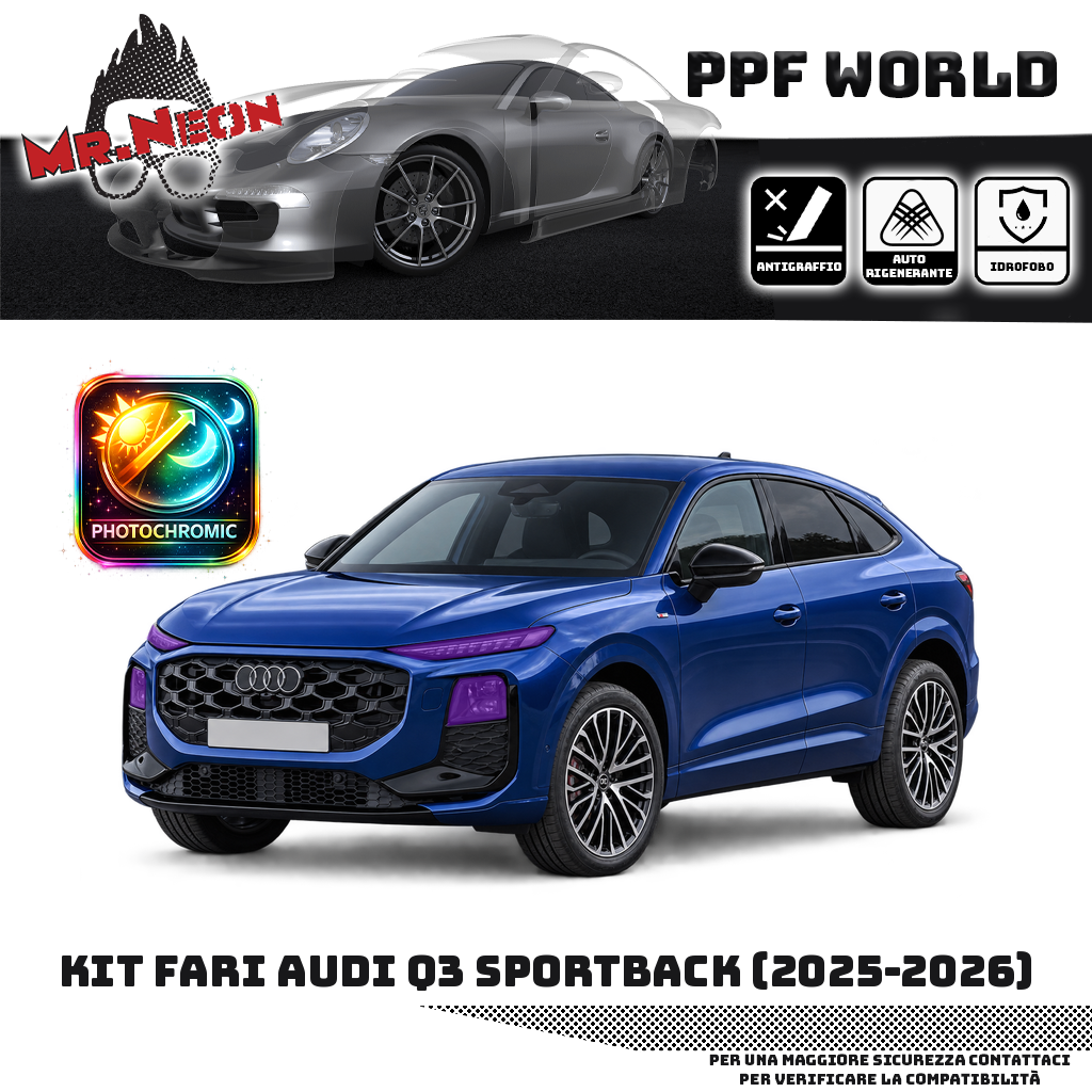 Kit fari anteriori Audi Q3 Sportback nuova generazione 2025–2026 blu — PPF fotocromatico viola