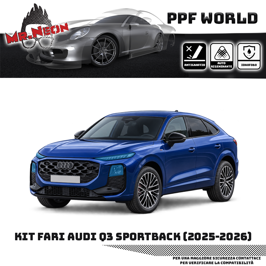 Kit fari anteriori Audi Q3 Sportback nuova generazione 2025–2026 blu — PPF trasparente, zone evidenziate in azzurro