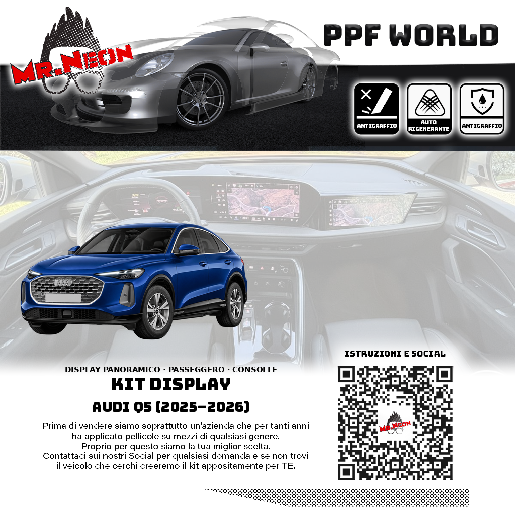 Kit PPF display e interni Audi Q5 SUV e Sportback 2025-2026, vettura blu in tre quarti frontale