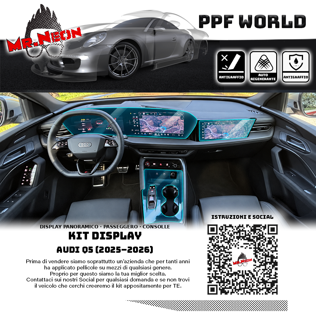 Protezioni per pannello panoramico curvo, display passeggero e consolle centrale Audi Q5 2025-2026