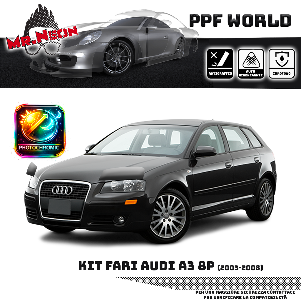 Kit Pellicola Protettiva Fari Audi A3 8P 2003-2008 – PPF Trasparente o Fotocromatico Pretagliato