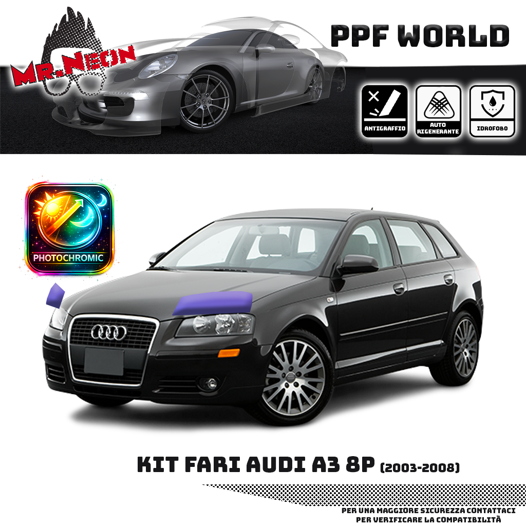 Kit Pellicola Protettiva Fari Audi A3 8P 2003-2008 – PPF Trasparente o Fotocromatico Pretagliato