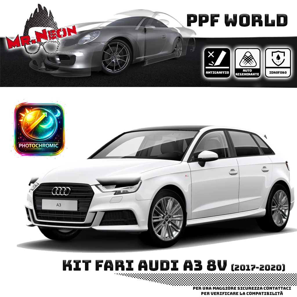 Kit Pellicola Protettiva Fari Audi A3 8V (2016–2020) – PPF Trasparente o Fotocromatico Pretagliato
