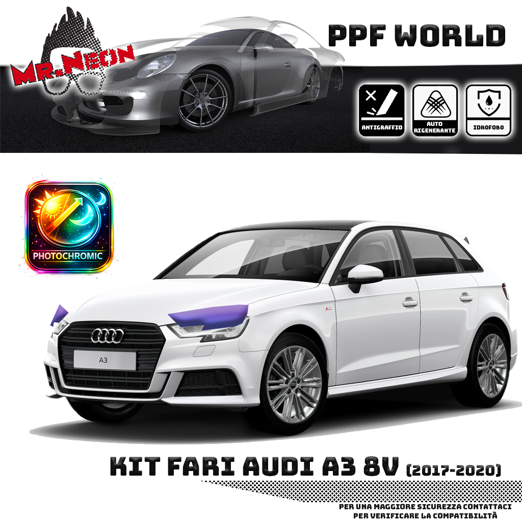 Kit Pellicola Protettiva Fari Audi A3 8V (2016–2020) – PPF Trasparente o Fotocromatico Pretagliato