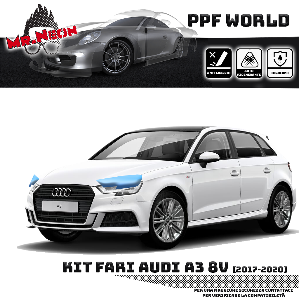 Kit Pellicola Protettiva Fari Audi A3 8V (2016–2020) – PPF Trasparente o Fotocromatico Pretagliato
