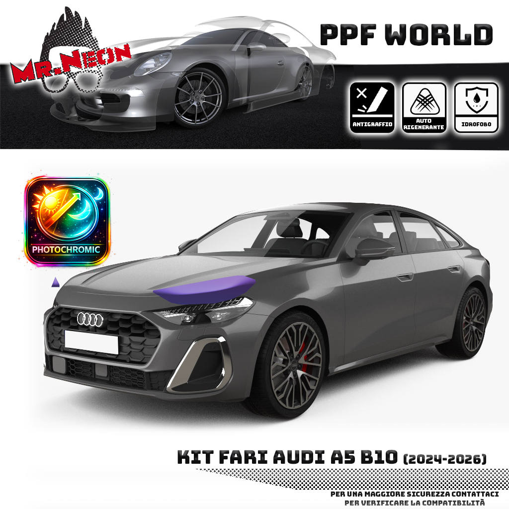 Kit Pellicola Protettiva Fari Audi A5 2024-2026 – PPF Trasparente o Fotocromatico Pretagliato