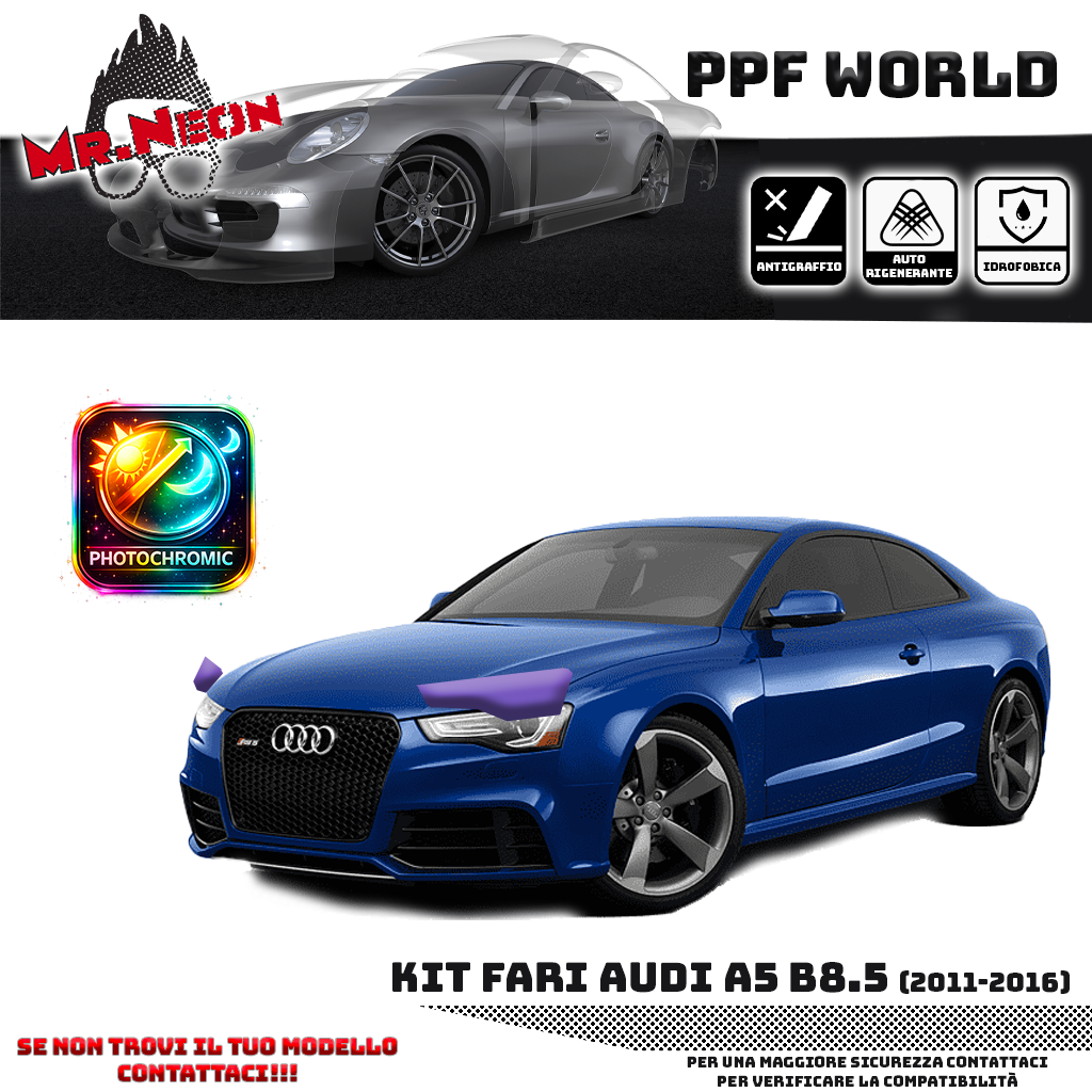 Kit Pellicola Protettiva Fari Audi A5 B8.5 (2011–2016) – PPF Trasparente o Fotocromatico Pretagliato