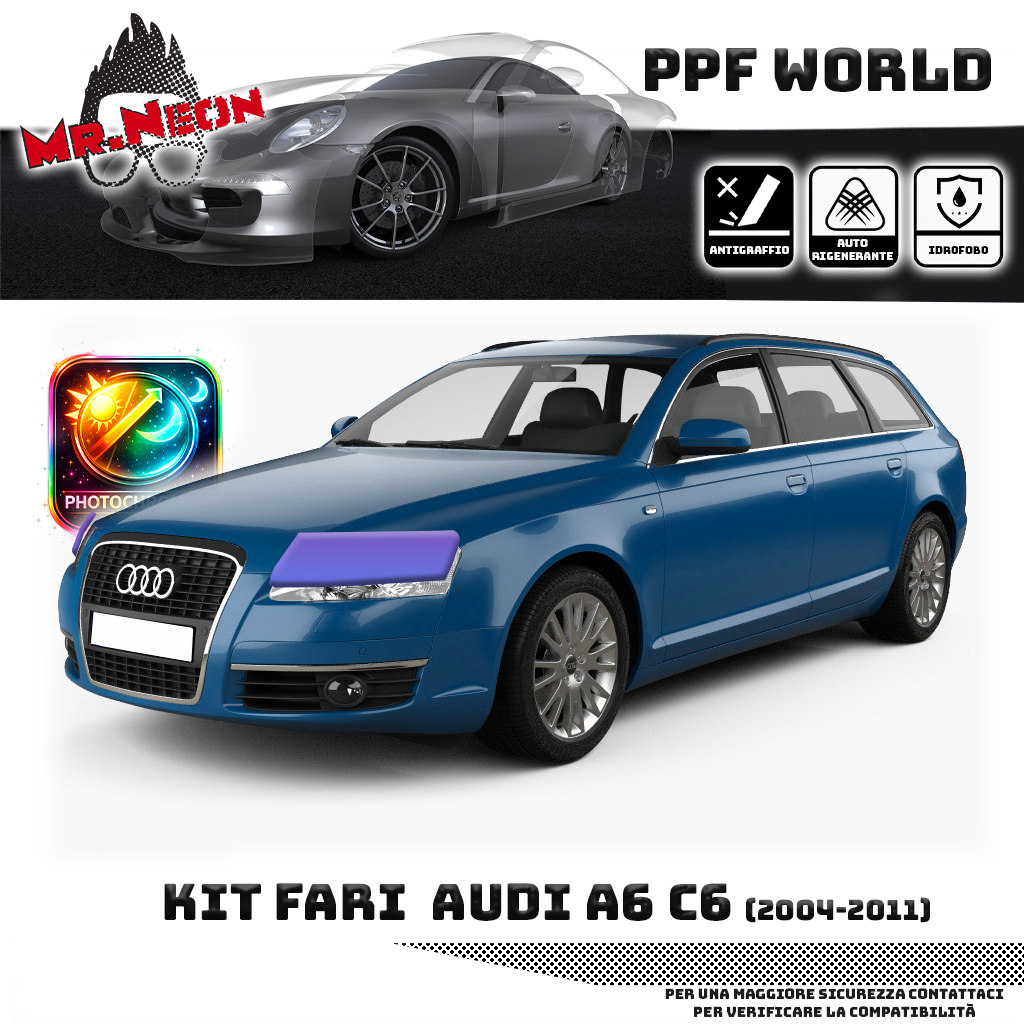 Kit Pellicola Protettiva Fari Audi A6 C6 2004-2011 – PPF Trasparente o Fotocromatico Pretagliato