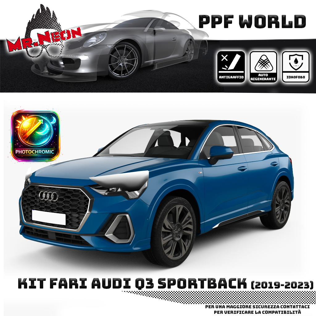 Kit Pellicola Protettiva Fari Audi Q3 Sportback (2019–2023) – PPF Trasparente o Fotocromatico Pretagliato