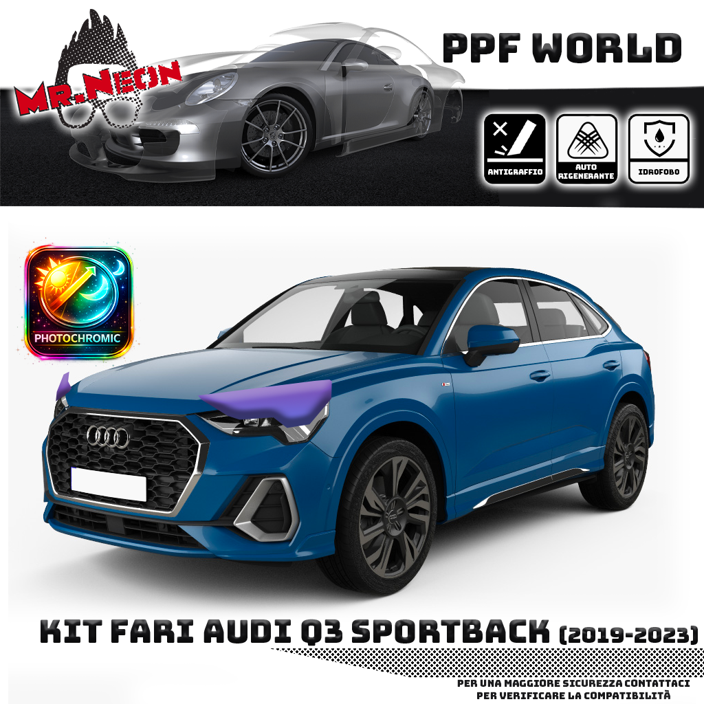 Kit Pellicola Protettiva Fari Audi Q3 Sportback (2019–2023) – PPF Trasparente o Fotocromatico Pretagliato
