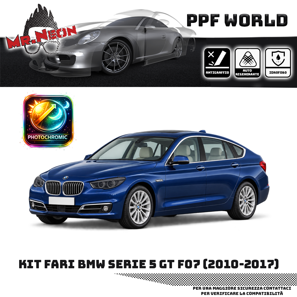 BMW Serie 5 Gran Turismo F07 2010–2017 blu — kit PPF fari anteriori, fotocromatico nero